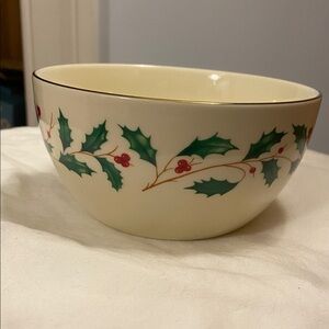 Lenox Holiday Holly Ceramic Serving Bowl in Cream, Green, and Red